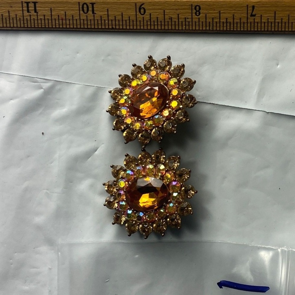Vintage Sunburst Style‎ Clip On Earrings Gold Tone Rhinestone Accent Women